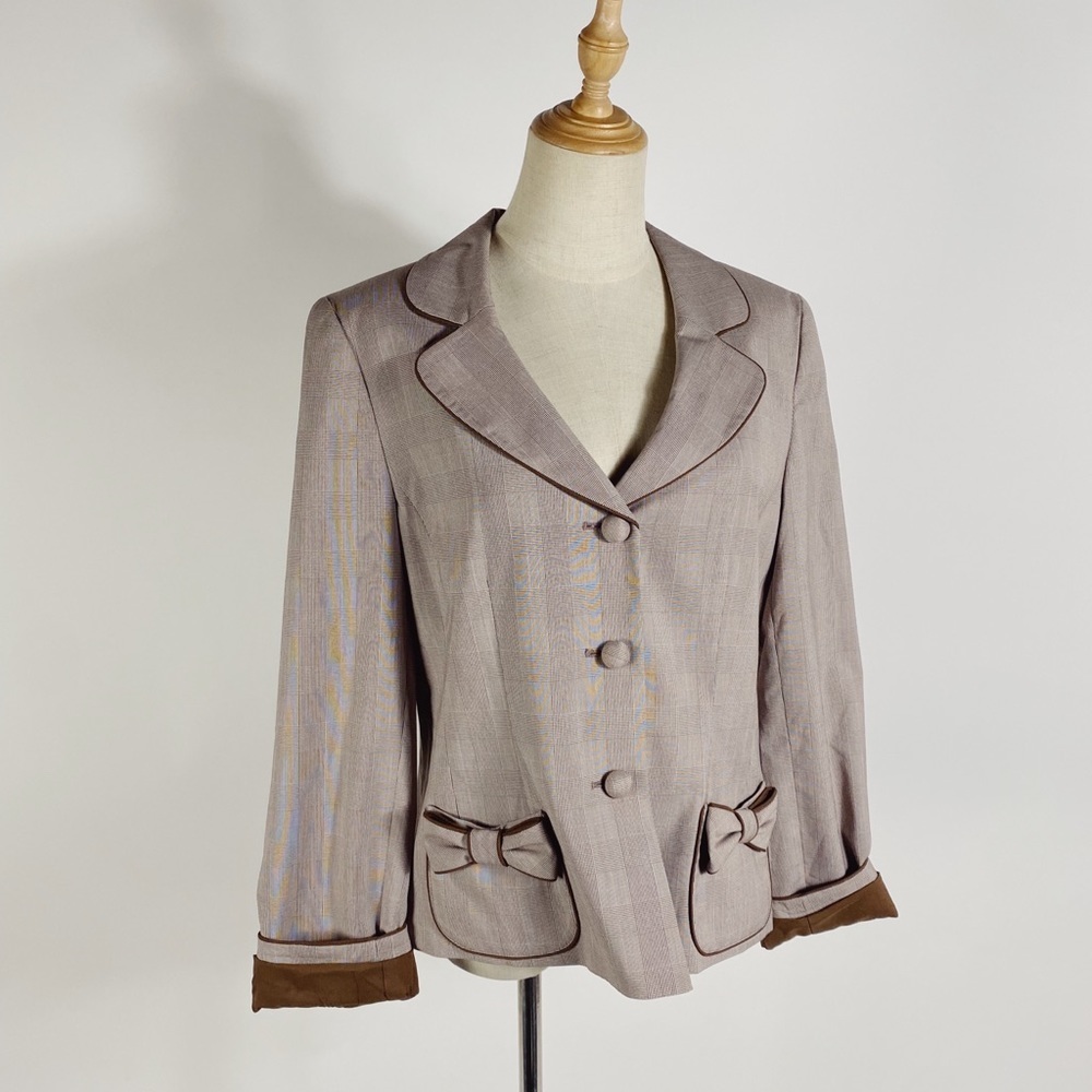 NWT VINTAGE KATE HILL Lord & Taylor Bow Pocket Grid Plaid Blazer Brown 14P